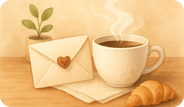 composition of items on the table in coffeeShop: flower, letter, cup of coffee, napkin, crouisane