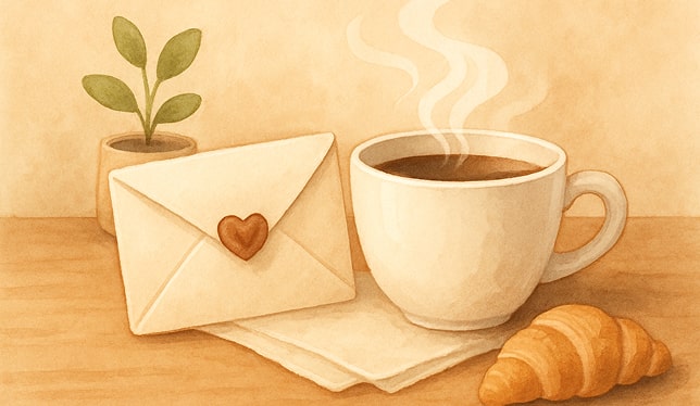 composition of items on the table in coffeeShop: flower, letter, cup of coffee, napkin, crouisane