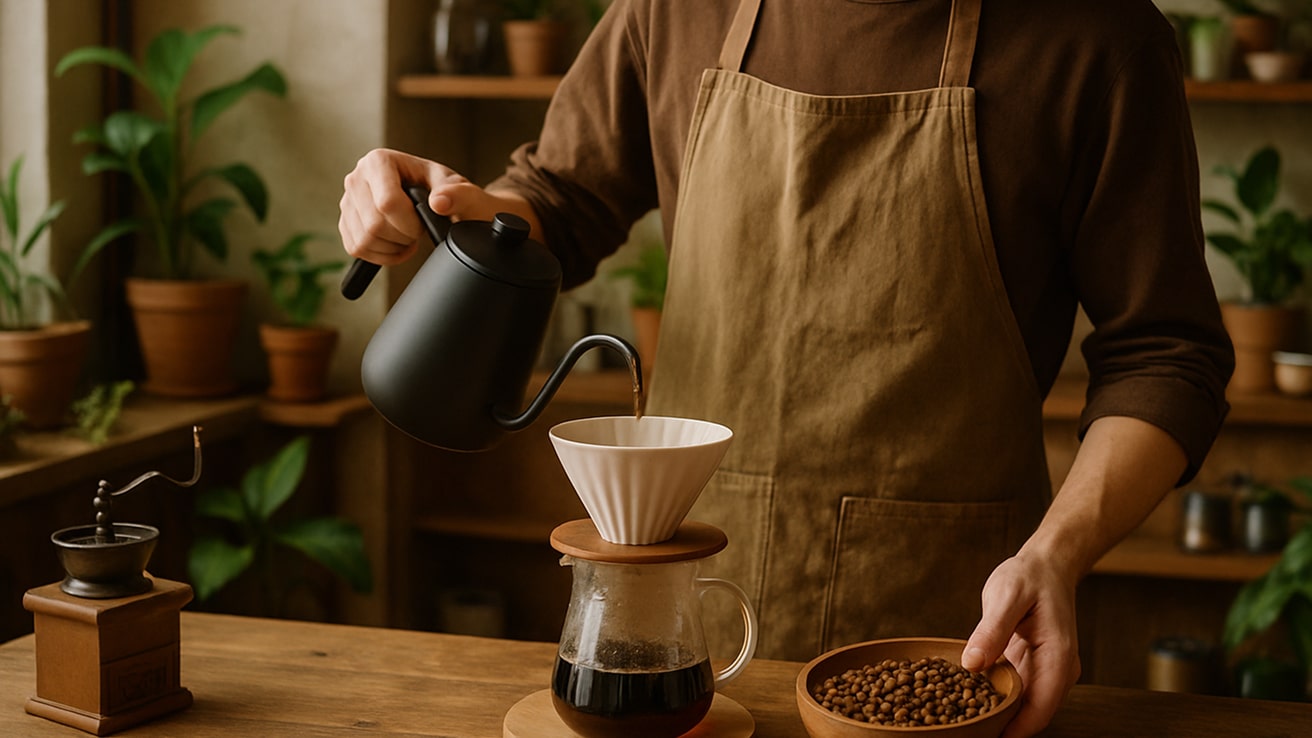 The barista brews coffee